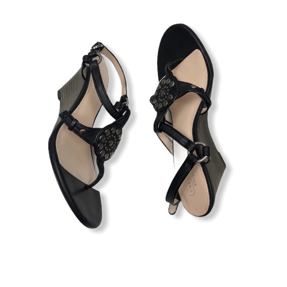 Coach Harper Sz 9B Black Leather Wedge Sandal - Picture 2 of 7